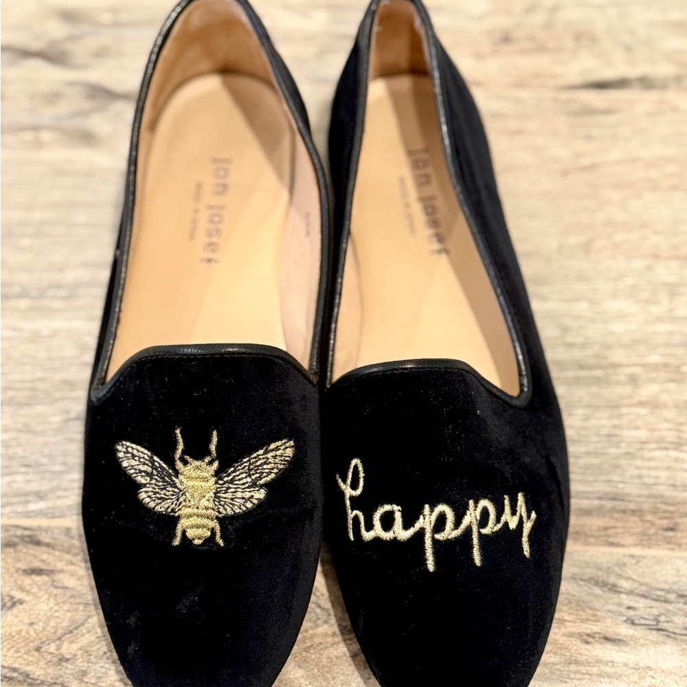 Jon Josef Black Velvet Loafers with Gold Embroidery Size 6.5